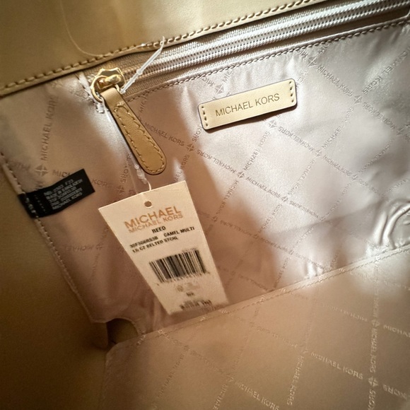 Michael Kors Reed Large Belted Satchel Shoulder Crossbody Bag MK Camel Multi - Picture 12 of 15